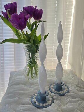 Wedgwood Embossed Queen's ware Candlestick Holders, Lavender on Blue, Set of 2